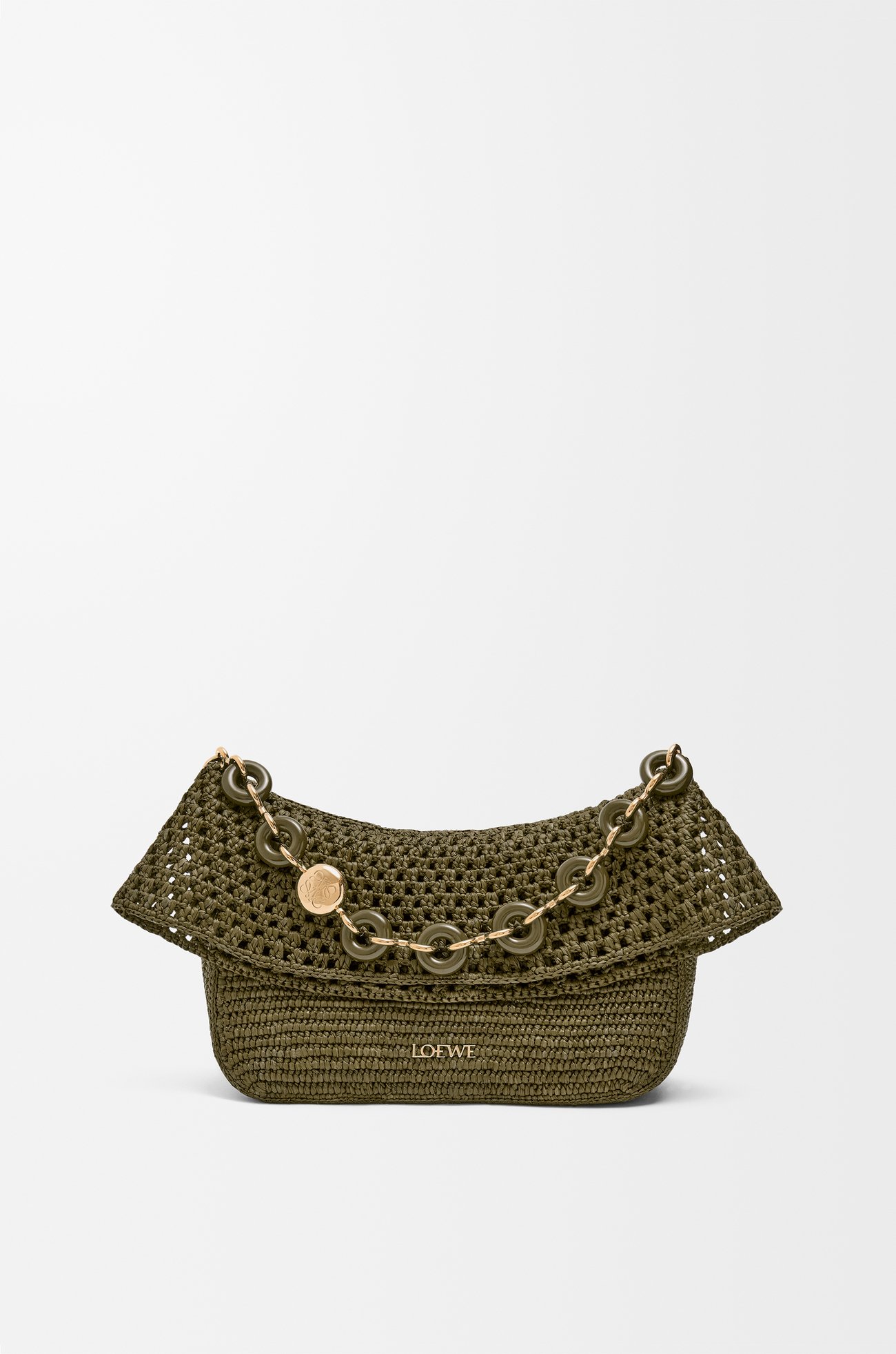 LOEWE Bolso Ola mediano en rafia y piel de ternera Verde Caqui Oscuro