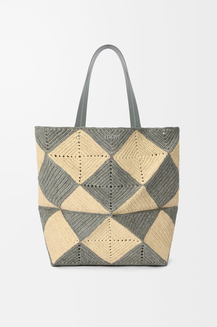 LOEWE 超大型酒椰纖維 Puzzle Fold 托特包 自然色/灰色